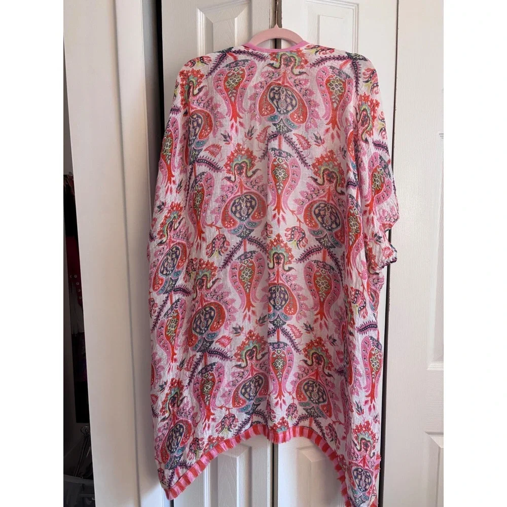 Spartina Linen Blend  Gauze Kimono Duster Cover-Up Fringe One Size Boho Coastal